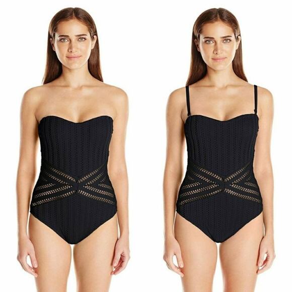 Kenneth Cole Crochet Look Bandeau Black One Piece Strapless Swimsuit NWTs Large - Picture 1 of 12